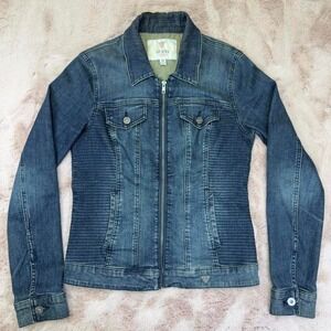 Y2K Guess moto denim jacket ribbed moto panels dark wash